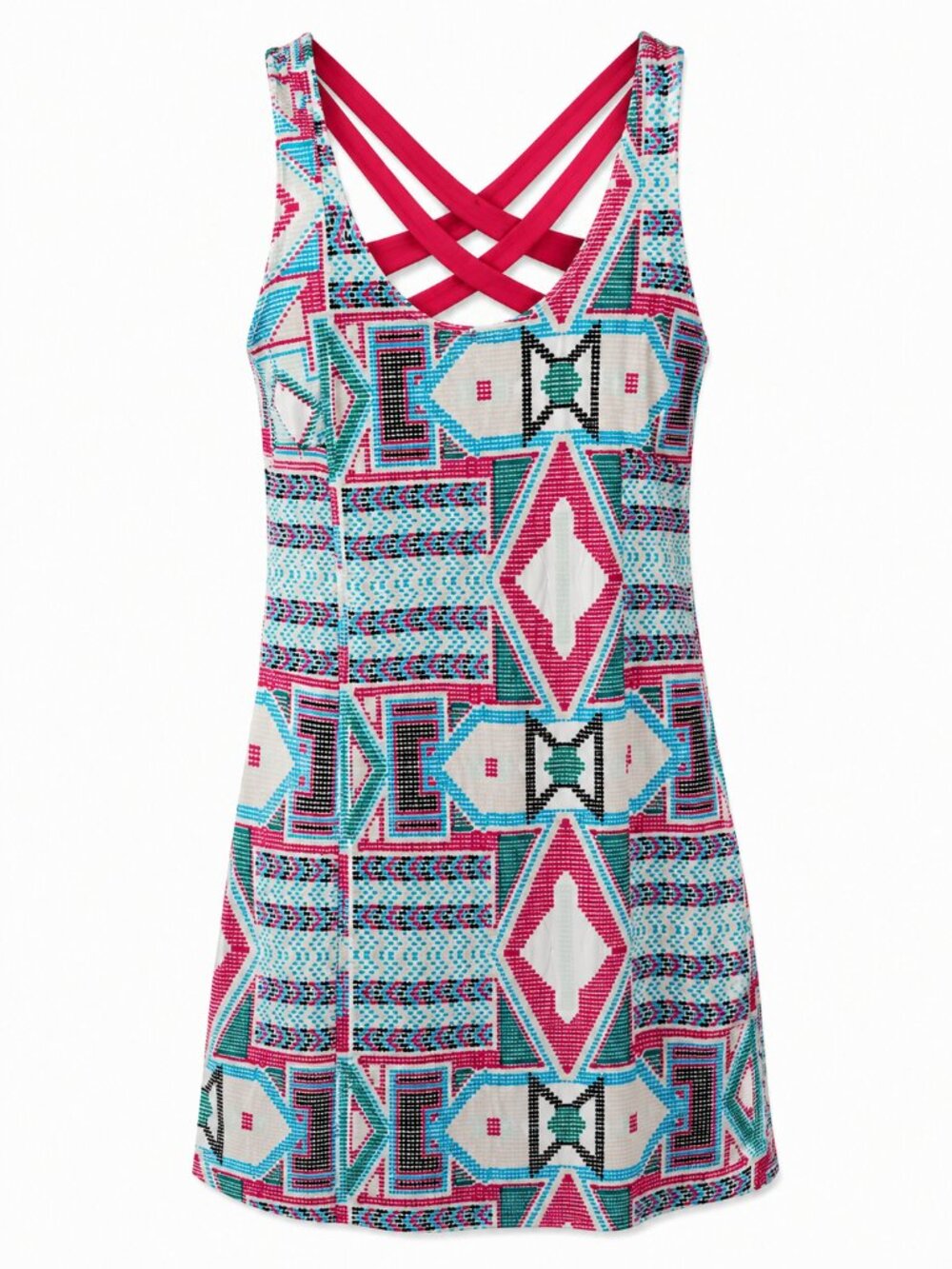 Boho Aztec Geometric Print Crisscross Strappy Tank Mini Dress